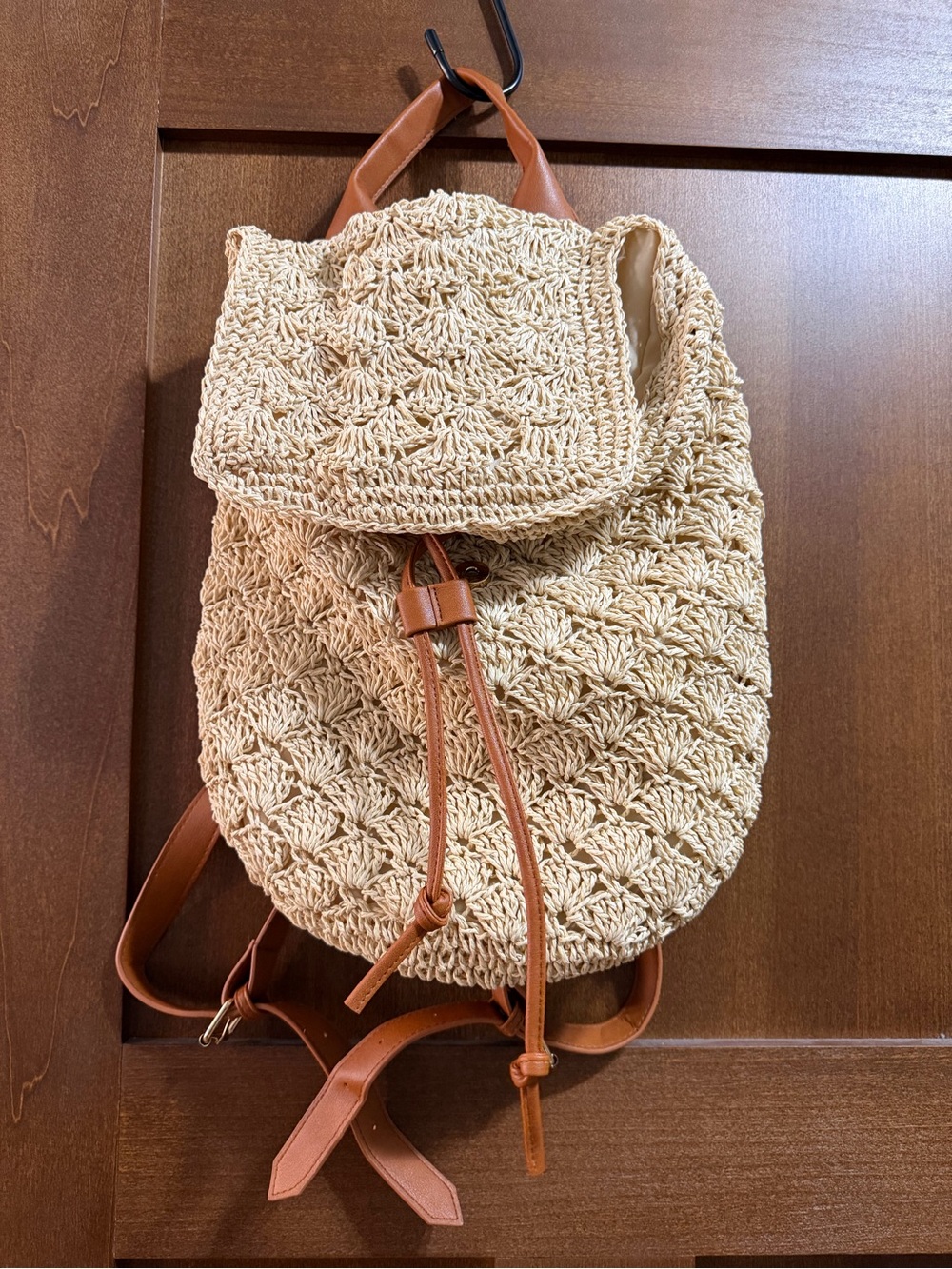 Olivia Miller Cream Crochet Backpack with Tan Trim